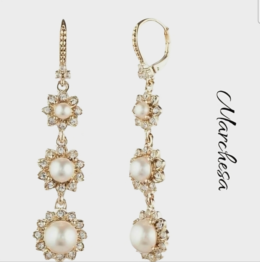 NWT Marchesa Triple Pearl Statement Crystal Linear Drop Earrings Gold